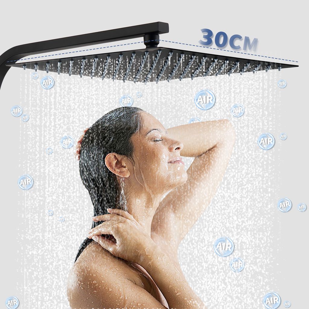 Sistema de ducha Homelody negro con termostato, columna de ducha de lluvia cuadrada de 30 cm conjunto de ducha mezclador, alcachofa de ducha de acero inoxidable 304