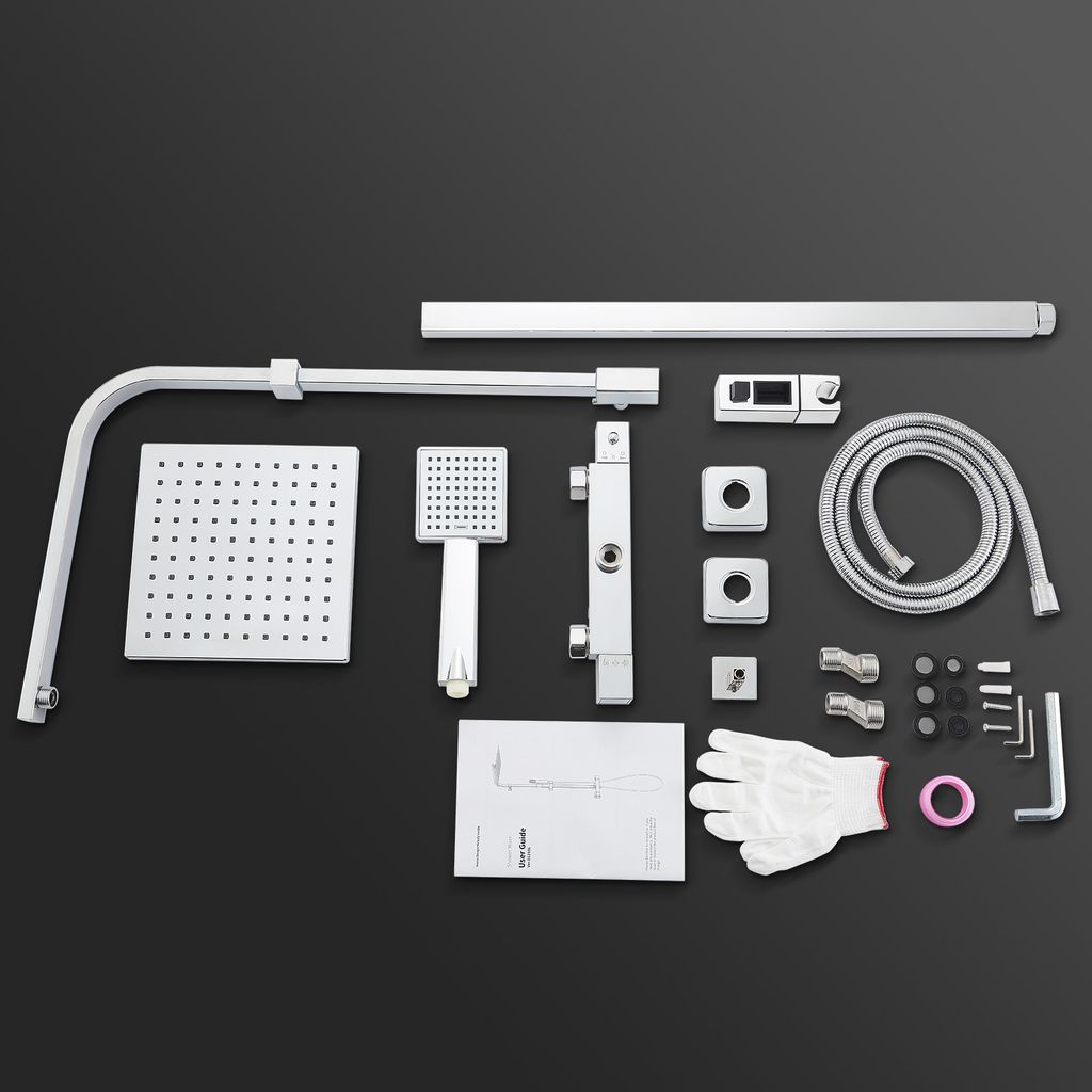 Sistema de ducha Homelody con termostato, juego de ducha de latón con grifería de lluvia (200 x 200 mm) teleducha, flexo, barra de ducha, grifería de ducha