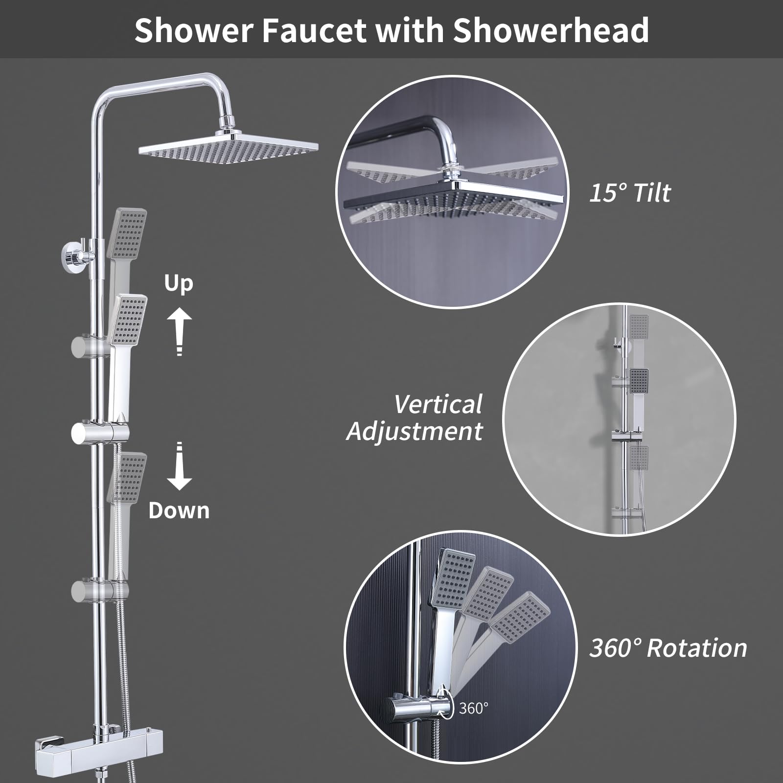 HOMELODY Sistema de ducha con termostato cromado – Grifo de ducha de acero inoxidable con grifería, incluye bloqueo de seguridad a 38 °C, ducha de mano ABS, barra de ducha ajustable, juego completo