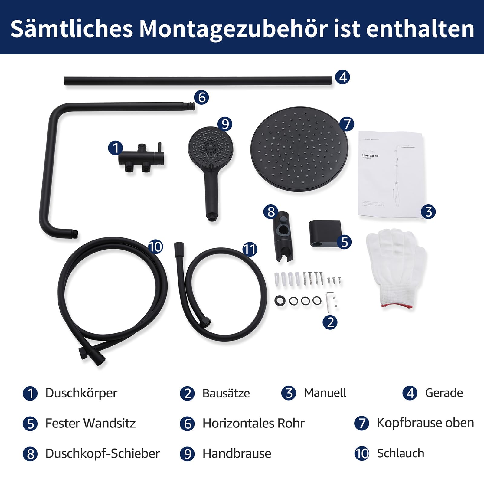 Homelody Columna de ducha sin grifo Ducha de hidromasaje de pared sin grifo Ducha de mano Rociador, Negro