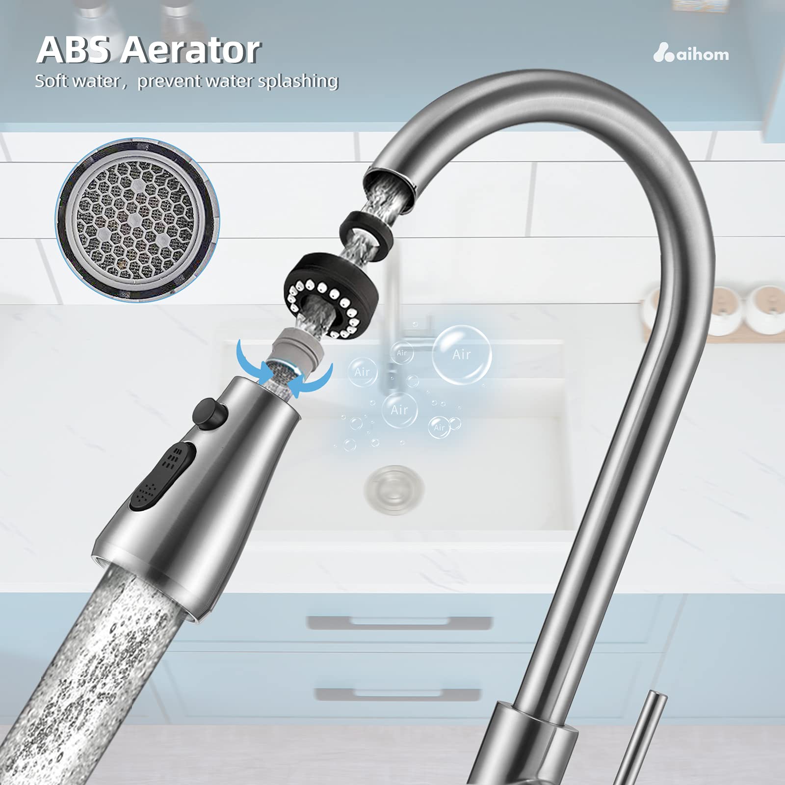 Homelody Extraíble Grifo de Cocina con 3 Modos, para Fregadero de Acero Inoxidable 360° Giratorio, Monomando Sin Plomo con aireador ABS,Ahorro de Agua