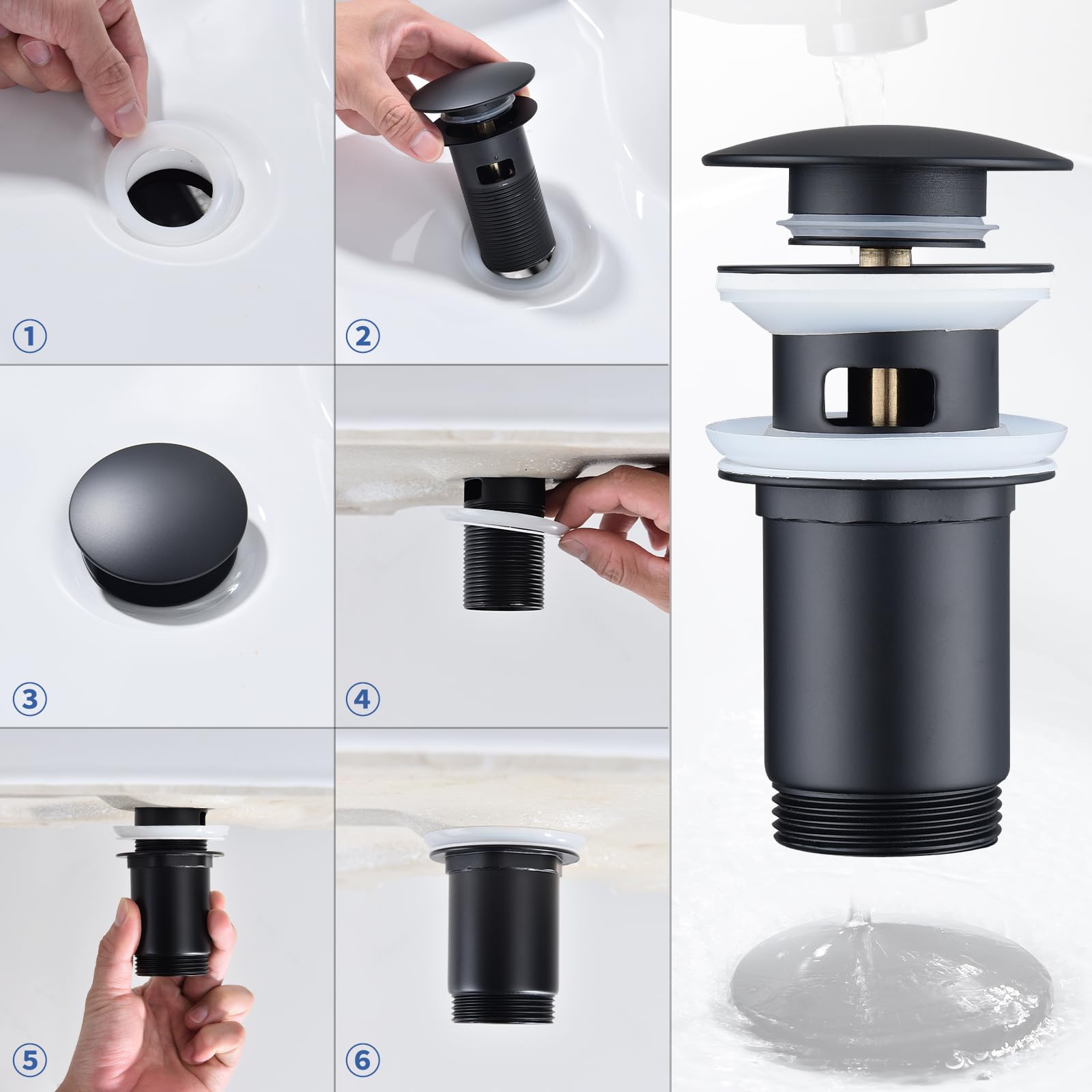 HOMELODY Juego De DesagüE Negro Mate con Rebosadero, VáLvula De DesagüE Universal Juego De DesagüE para Fregadero, VáLvula De DesagüE De LatóN para Lavabo/Fregadero