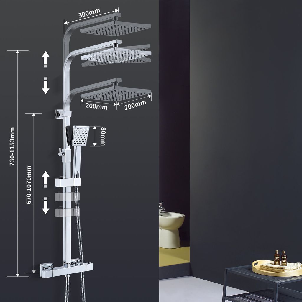 Sistema de ducha Homelody con termostato, juego de ducha de latón con grifería de lluvia (200 x 200 mm) teleducha, flexo, barra de ducha, grifería de ducha