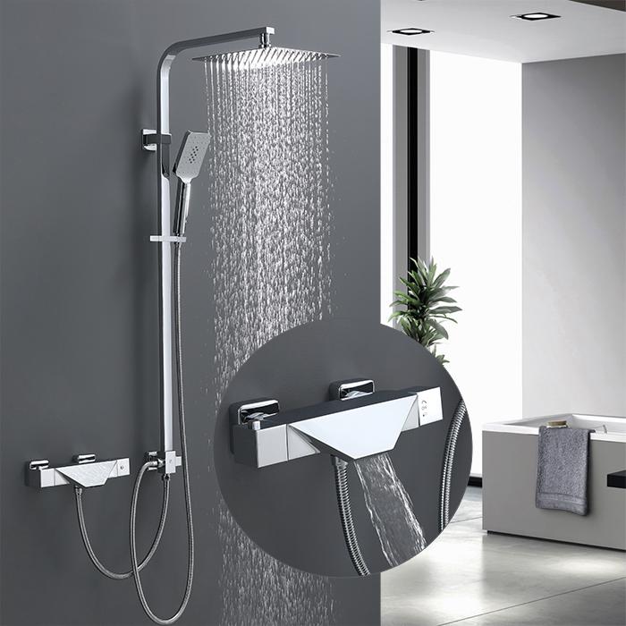  Columna de ducha termostática cascada de níquel baño ducha  grifo panel de ducha con chorros de masaje bañera canalón-oro :  Herramientas y Mejoras del Hogar